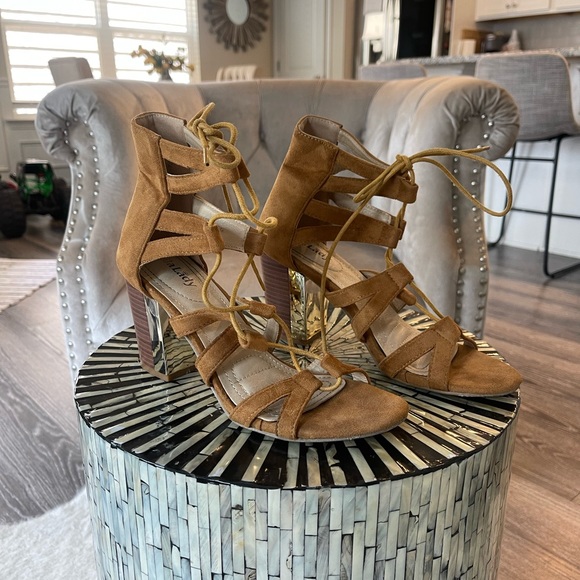 Shoes - Camel and gold lace up block heels